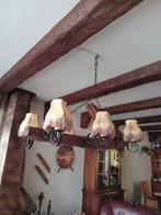 Houten lamp met leren kapjes, z.g.a. nieuw, Huis en Inrichting, Lampen | Hanglampen, Ophalen, Hout, 50 tot 75 cm, Landelijk