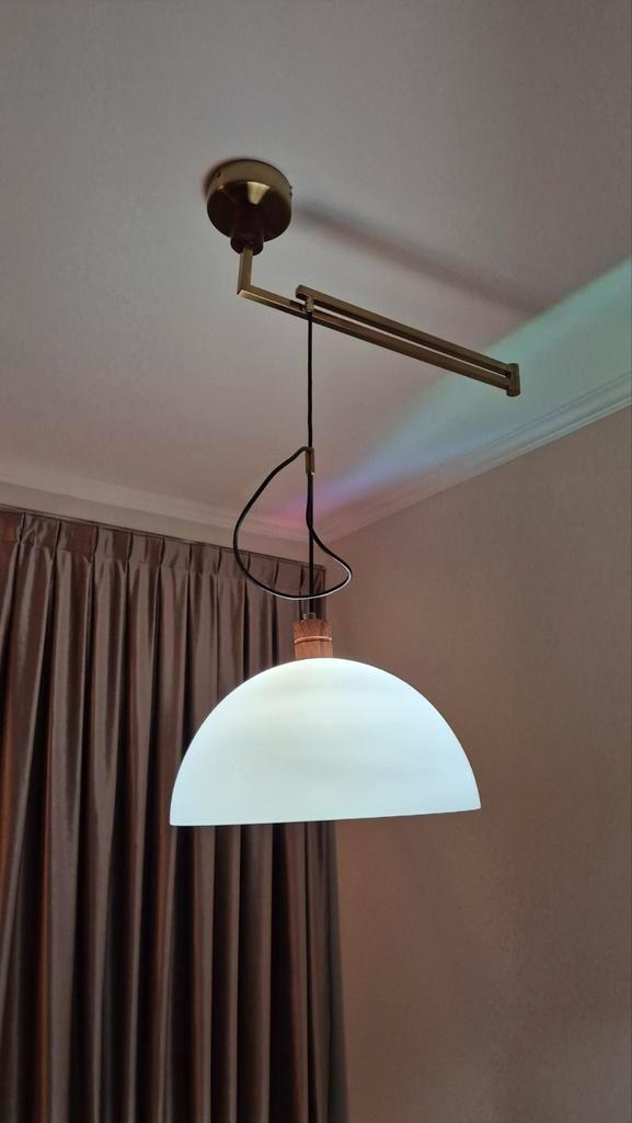 Hanging Lamp with moving handle, Huis en Inrichting, Lampen | Hanglampen, Zo goed als nieuw, 75 cm of meer, Glas, Metaal, Ophalen of Verzenden