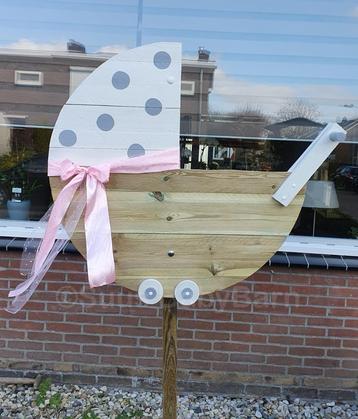 Geboortebord Grote Kinderwagen met Roze Strik. beschikbaar voor biedingen