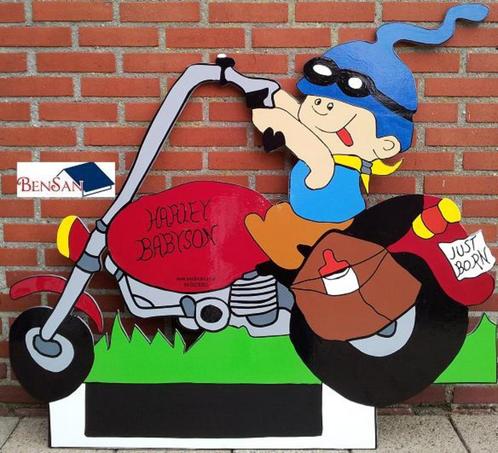 geboortebord baby jongen op motor harly babyson bensan enter, Hobby en Vrije tijd, Feestartikelen | Verhuur, Zo goed als nieuw