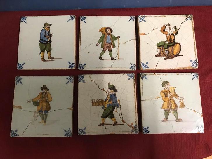 Zes antieke 17e eeuwse Delfts blauwe tegels, Antiek en Kunst, Antiek | Wandborden en Tegels, Ophalen of Verzenden