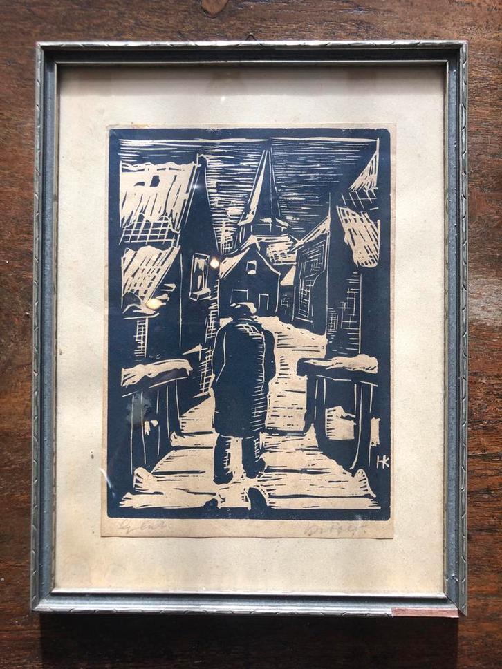 Houten Gravure: Winterlandschap Han Krug, Antiek en Kunst, Kunst | Etsen en Gravures, Ophalen of Verzenden