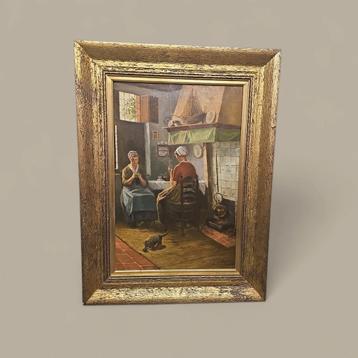 Antieke schilderij Huiselijk tafereel 19E.Gesign.rv beschikbaar voor biedingen