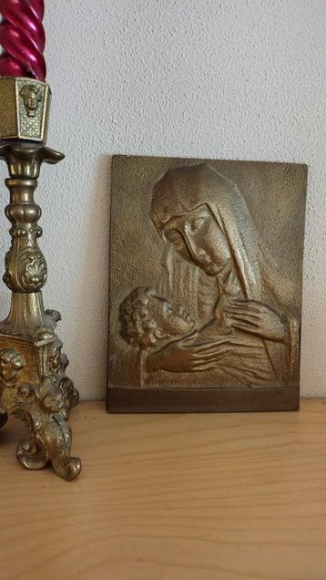 Mooie koperen  vintage plaquette,wandbord, Maria met kind beschikbaar voor biedingen