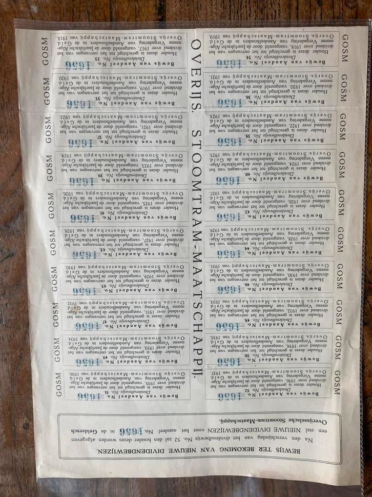 GOSM Dividendbewijzen 1917-1936, Postzegels en Munten, Aandelen en Waardepapieren, Aandeel, Voor 1920, Ophalen of Verzenden