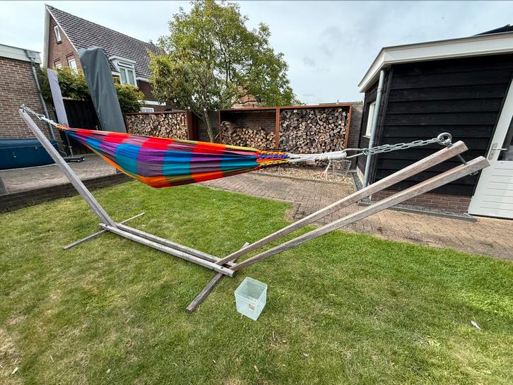 Luilak Hangmat 335cm ZGAN + Hardhouten Standaard 4,5m, Tuin en Terras, Hangmatten, Zo goed als nieuw, Eenpersoons, Met standaard