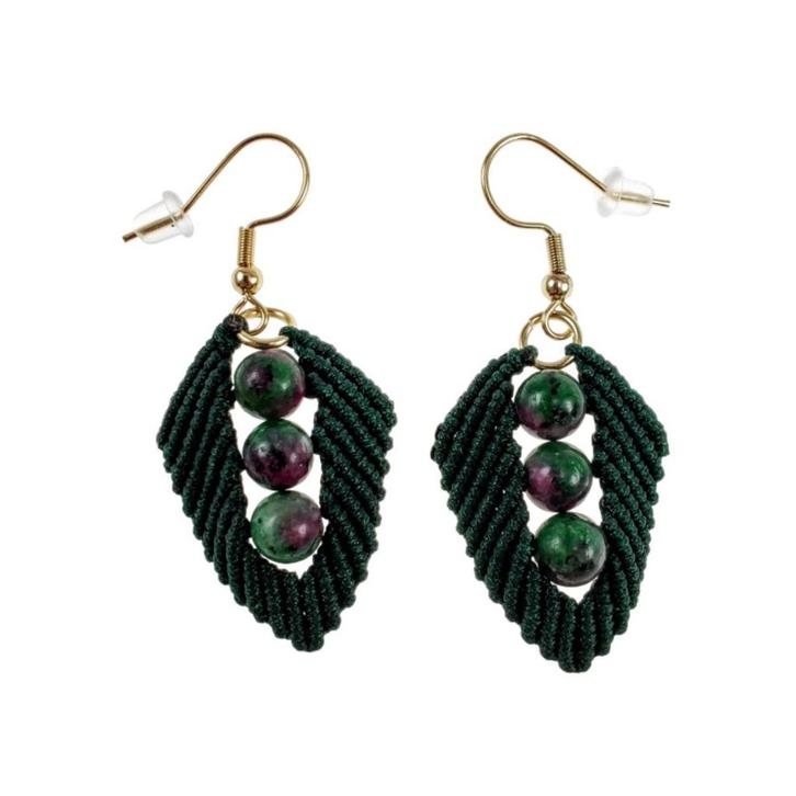 Lange Oorbellen Dames Verguld RVS Groene Micro-Macramé Blad, Sieraden, Tassen en Uiterlijk, Oorbellen, Nieuw, Hangers, Overige materialen