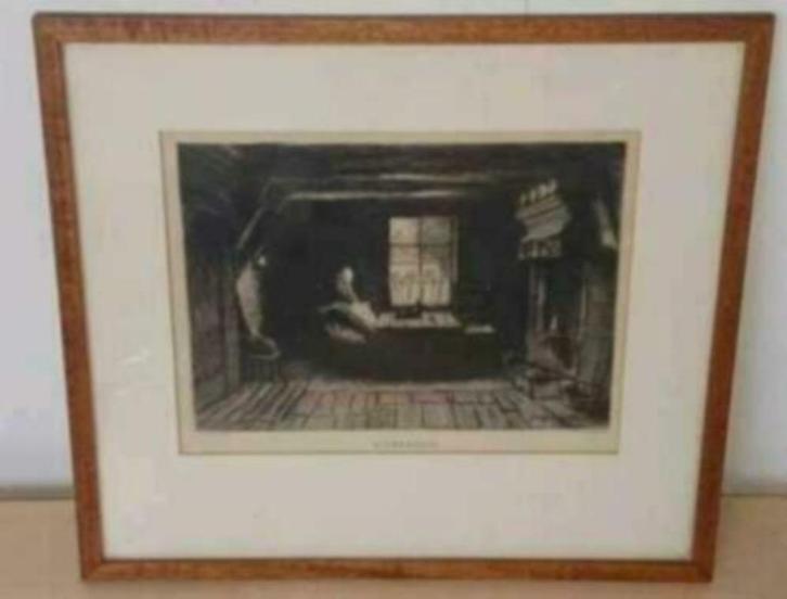 Boerenvrouw zit bij een raam te naaien in interieur Dake, Antiek en Kunst, Kunst | Etsen en Gravures, Ophalen
