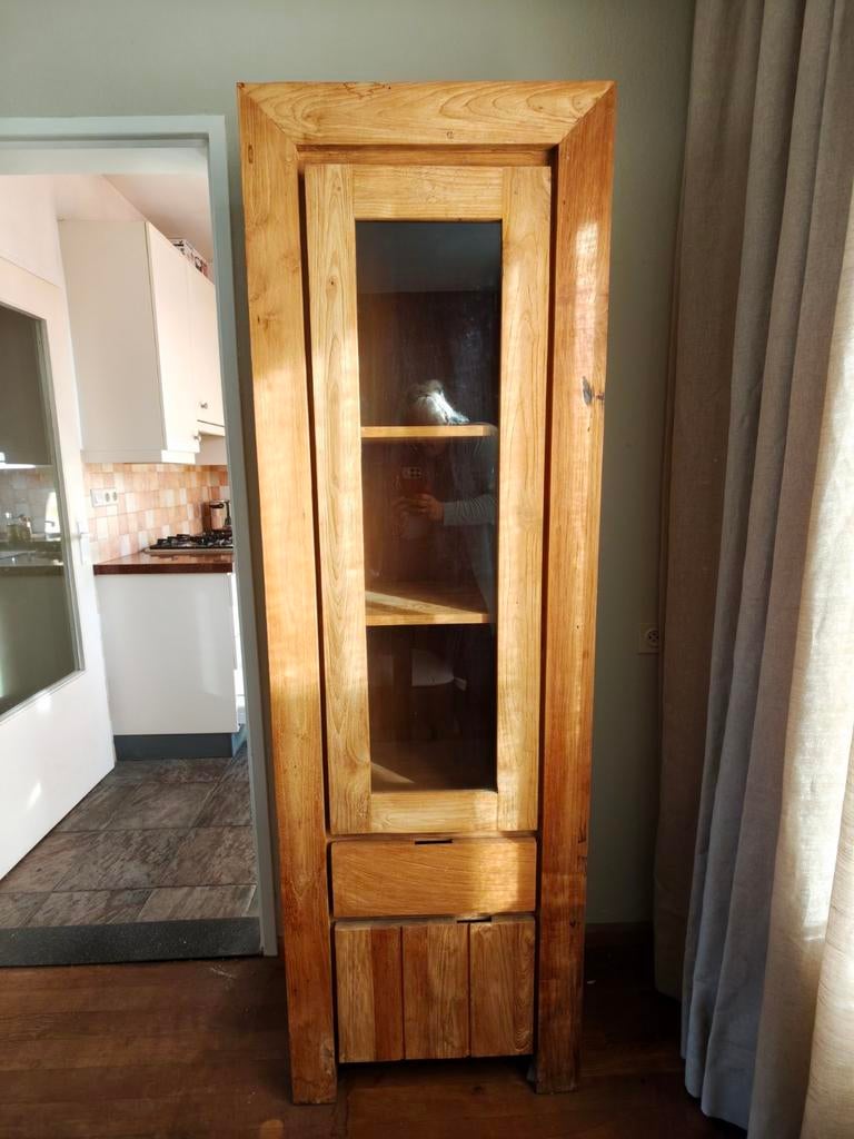 Massief Teakhouten Kast met Glazen Deur, Ophalen, 25 tot 50 cm, 50 tot 100 cm, 150 tot 200 cm