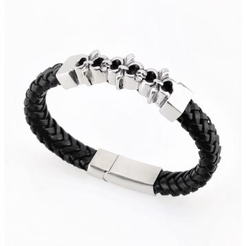 Zwart Gevlochten Leren Armband met RVS 3-Lelie Bloem beschikbaar voor biedingen