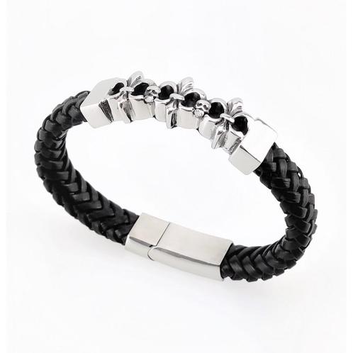 Zwart Gevlochten Leren Armband met RVS 3-Lelie Bloem, Sieraden, Tassen en Uiterlijk, Armbanden, Nieuw, Staal, Zwart, Verzenden