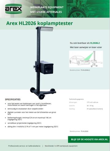 Nieuwe Arex HL2026 koplamptester beschikbaar voor biedingen
