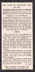 Lemmens Josephus 1870 Tilburg 1942, Ophalen of Verzenden, Bidprentje