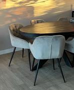 6x verlours grijzige eetkamerstoelen, Ophalen, Gebruikt, 200 cm of meer, Vijf personen of meer