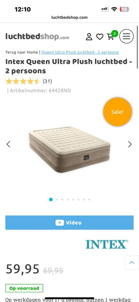 Intex Queen Ultra Plush luchtbed met pomp - 2 persoons, Caravans en Kamperen, Luchtbedden, Zo goed als nieuw, 2-persoons, Ingebouwde pomp