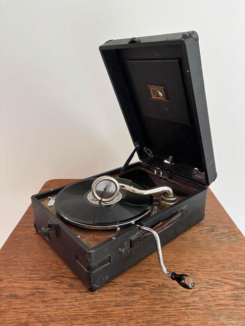 Antieke His Master’s Voice koffergrammofoon + 22 platen, Antiek en Kunst, Antiek | Tv's en Audio, Ophalen