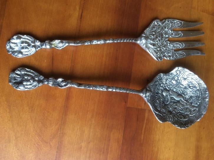 Verzilverde opschep vork en lepel met afbeelding vintage, Antiek en Kunst, Antiek | Bestek, Ophalen of Verzenden