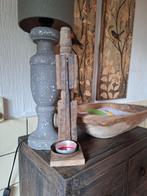 Landelijke oud houten kandelaar met ijzeren lepel, Ophalen of Verzenden, Zo goed als nieuw, Hout, 25 tot 50 cm