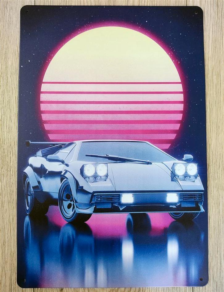 SYNTHWAVE SUN en Auto Metalen Wandbord Poster, Huis en Inrichting, Woonaccessoires | Wanddecoraties, Nieuw, Ophalen of Verzenden