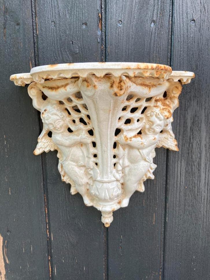 Brocante vintage gietijzeren engelen console (model 1), Tuin en Terras, Tuinwanddecoratie, Gebruikt, Ophalen of Verzenden