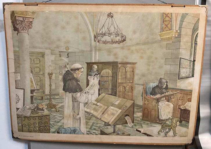 Schoolplaat in een middeleeuws klooster, Antiek en Kunst, Antiek | Schoolplaten, Geschiedenis, Ophalen