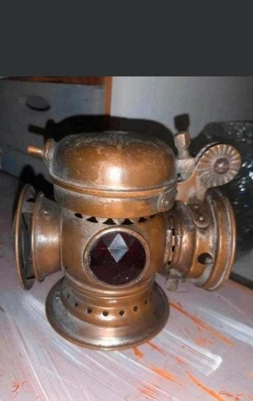 Antieke oude carbid/fietslamp, rood met blauw glas., Antiek en Kunst, Antiek | Lampen, Ophalen of Verzenden