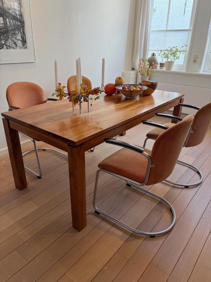 Gispen 413 RH Stoelen / Eetkamerstoelen - Set van 4 stuks, Huis en Inrichting, Stoelen, Gebruikt, Vier, Metaal, Stof, Bruin, Ophalen