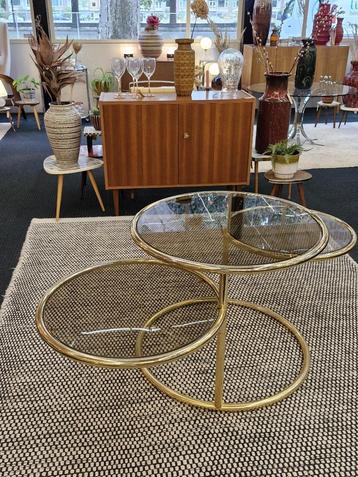Vintage salontafel double swivel messing rookglas 70s beschikbaar voor biedingen