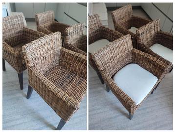 Landelijke brocante rieten rotan stoelen set van 4 + kussens beschikbaar voor biedingen