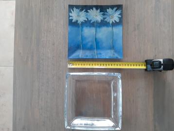 Blauw/ wit gebloemde vierkante glazen schaal nieuw.  beschikbaar voor biedingen