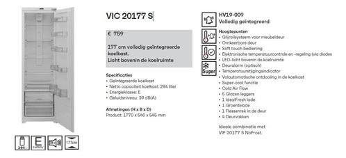 Grote inbouw koelkast Vestfrost Nieuw in doos, Witgoed en Apparatuur, Koelkasten en IJskasten, Nieuw, Zonder vriesvak, 200 liter of meer