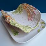 Brocante barbotine aardewerk asperge schaal met treef, Antiek en Kunst, Ophalen of Verzenden