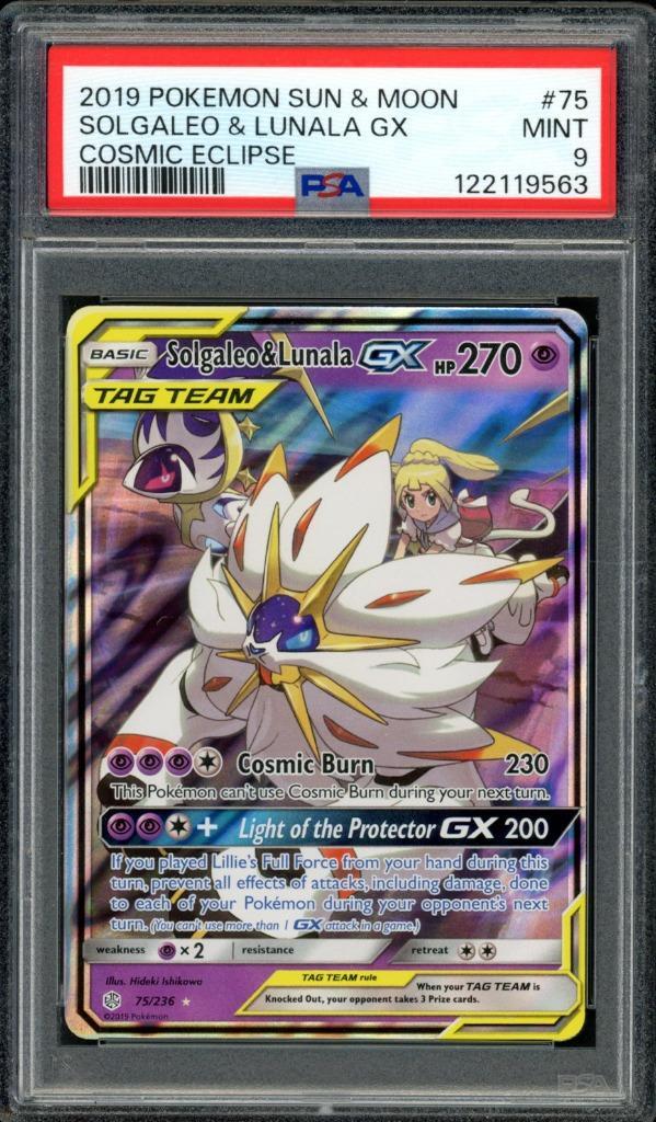 Solgaleo & Lunala GX PSA 9 - 075/236 - Cosmic Eclipse 2019, Hobby en Vrije tijd, Verzamelkaartspellen | Pokémon, Zo goed als nieuw