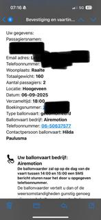 Ballonvaart 6 september 2025 (komende zaterdag), Tickets en Kaartjes, Twee personen