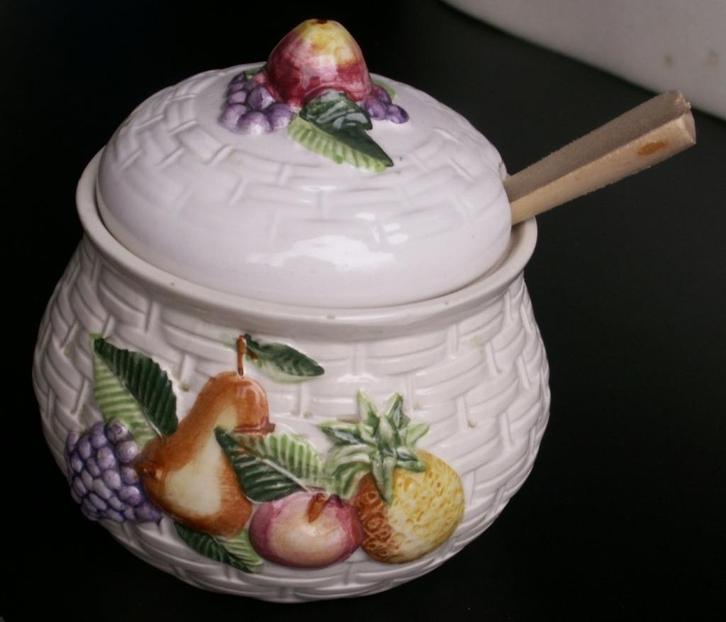 Brocante Jampot jampotje met fruitmotief honingpot, Antiek en Kunst, Curiosa en Brocante, Ophalen of Verzenden