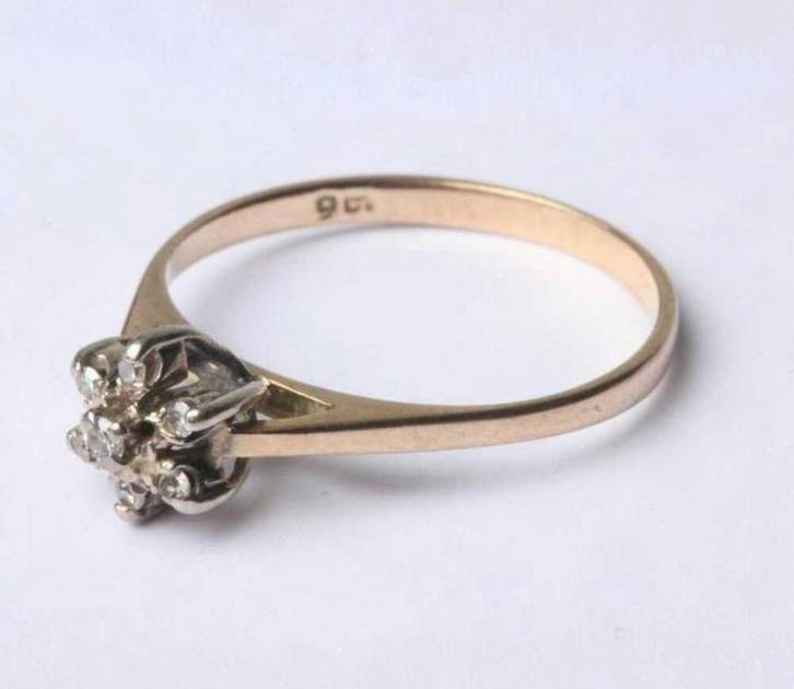 Vintage 9 karaat gouden bloemcluster ring met diamanten, Sieraden, Tassen en Uiterlijk, Ringen, Zo goed als nieuw, Dame, Kleiner dan 17