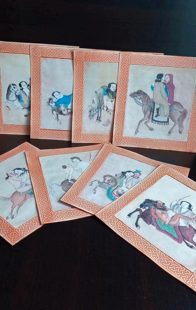 Set van acht Japanse shunga erotische kunstwerken op doek, Antiek en Kunst, Kunst | Niet-Westerse kunst, Ophalen of Verzenden