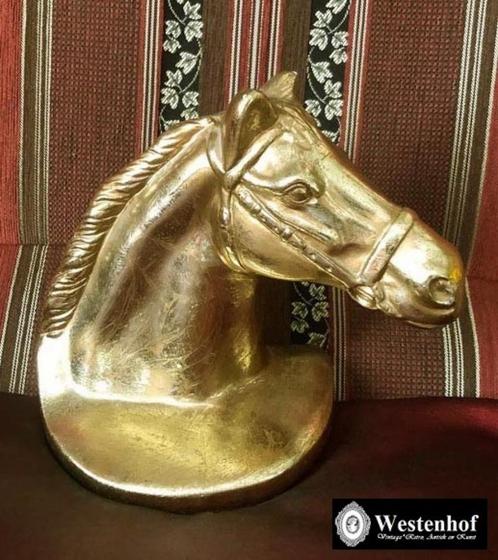 Vintage beeld paard borstbeeld goud, Verzamelen, Beelden en Beeldjes, Gebruikt, Dier, Ophalen of Verzenden