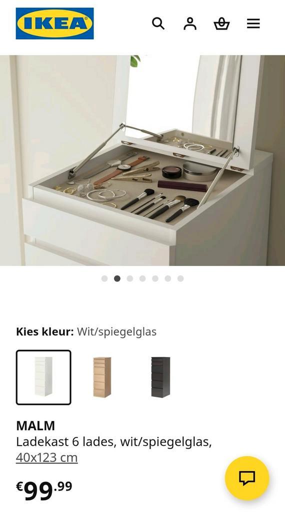 Ikea Malm Ladekast 6 Lades Wit/Spiegelglas, Huis en Inrichting, Slaapkamer | Bedden, Gebruikt, Eenpersoons, 70 cm of minder, Overige maten