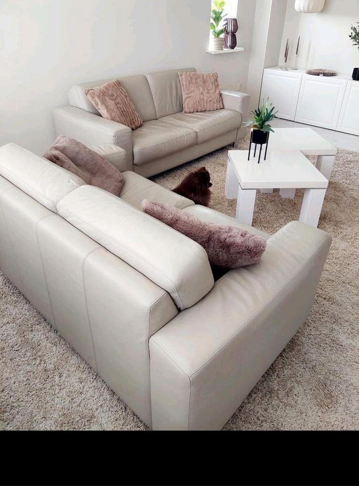 Creme hoogwaardig Leren bankstel, Huis en Inrichting, Banken | Complete zithoeken, Zo goed als nieuw, Ophalen of Verzenden