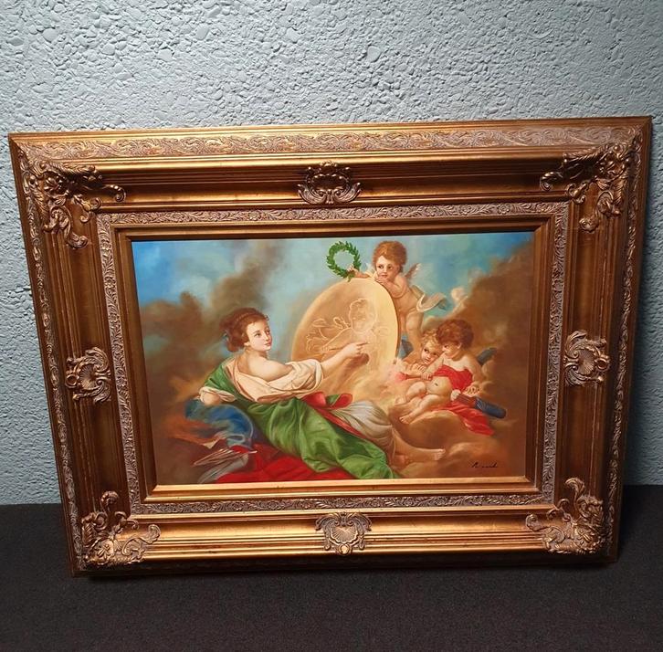 Romantisch schilderij met engelen in gouden lijst, Antiek en Kunst, Kunst | Schilderijen | Klassiek, Ophalen