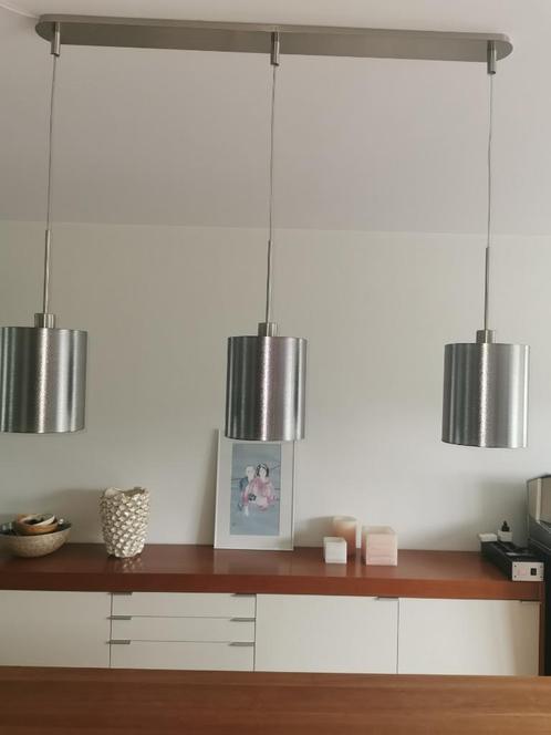 Hanglamp met staande lamp; metallic gekleurde kappen, Huis en Inrichting, Lampen | Hanglampen, Gebruikt, 75 cm of meer, Metaal