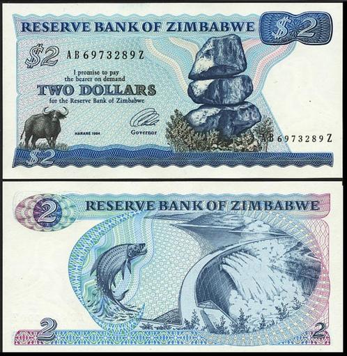 Zimbabwe 1983/1994, 1e uitgave 2 en 5 dollar biljet (UNC), Postzegels en Munten, Bankbiljetten | Afrika, Setje, Zimbabwe, Verzenden