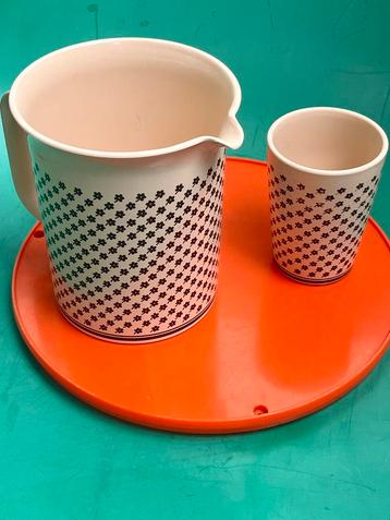 Retro kan en beker beige donkerbruin bloemen jaren 70 Emsa beschikbaar voor biedingen