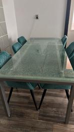 Glazen eettafel met 6 blauw/groene fluwelen stoelen + salon, Huis en Inrichting, Ophalen, Gebruikt, 200 cm of meer, 50 tot 100 cm