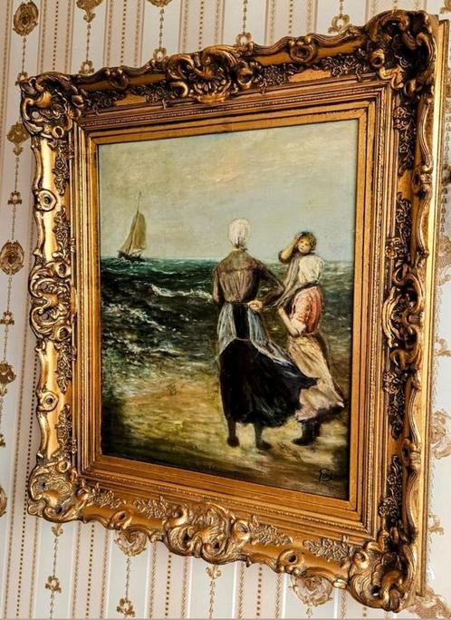 ZEEGEZICHT VISSERVROUWEN OP SCHEVENINGESESTRAND BAROKLIJST, Antiek en Kunst, Kunst | Schilderijen | Klassiek, Ophalen