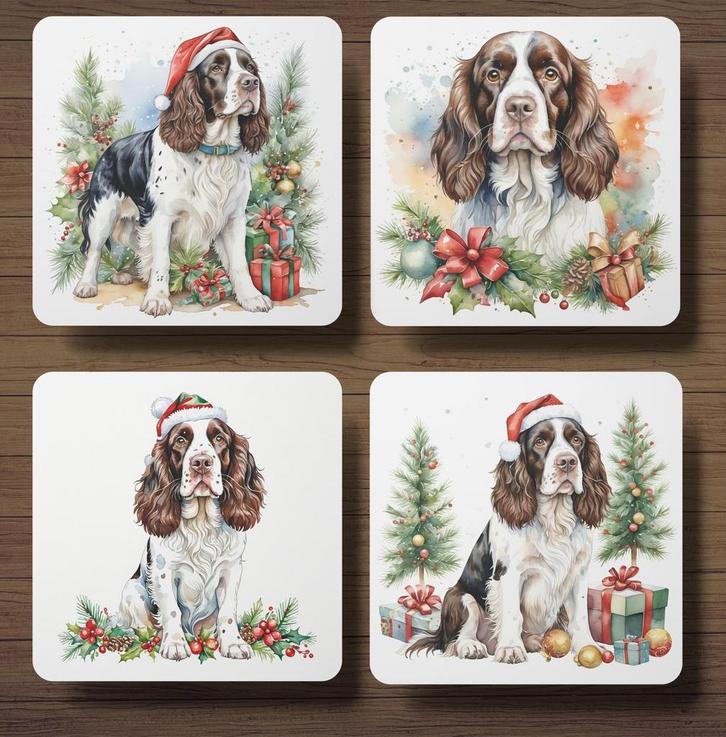 Engelse Springer Spaniel Kerst onderzetters met houder, Huis en Inrichting, Woonaccessoires | Onderzetters, Nieuw, Glas of Kopje