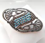 zilveren BROCHE 6x 3,4 cm, met 24 Turkoois en Markasietjes, Sieraden, Tassen en Uiterlijk, Antieke sieraden, Ophalen of Verzenden
