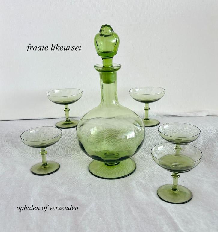 Likeurset Karaf + 5 glazen subtiel groen, Antiek en Kunst, Antiek | Glas en Kristal, Ophalen