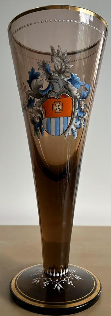 Antiek heraldiek wapenschild wapen glas geëmailleerd spreuk, Antiek en Kunst, Antiek | Glas en Kristal, Verzenden